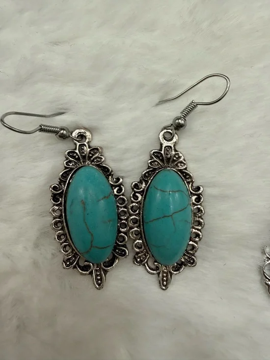 Silver tone pierced earring lot-Butterfly Hoops, Turquoise Oval & Filigree Drop - Picture 4 of 7